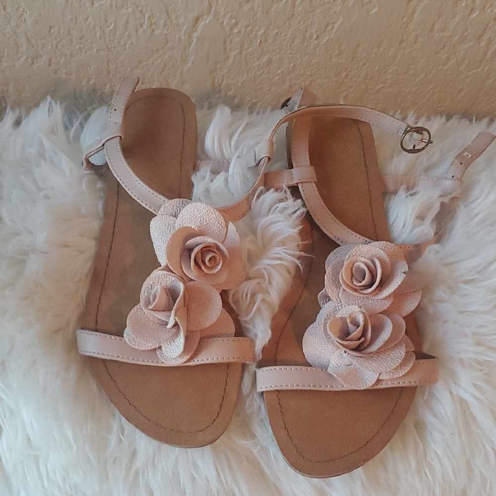 Pink and Cream Floral Sandals with Decorative Straps